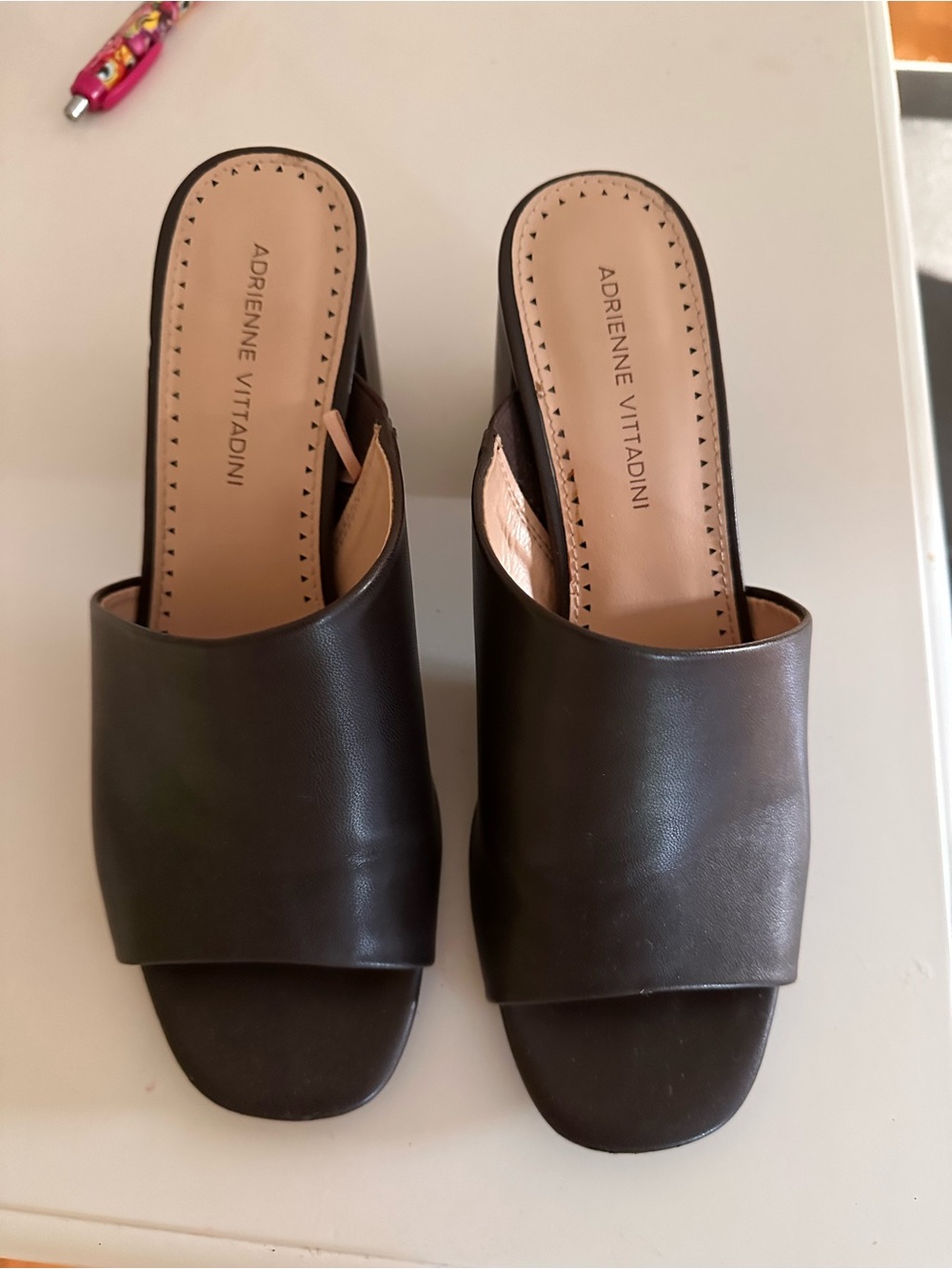 Adrienne Vittadini Dark Brown Leather Slide Heels